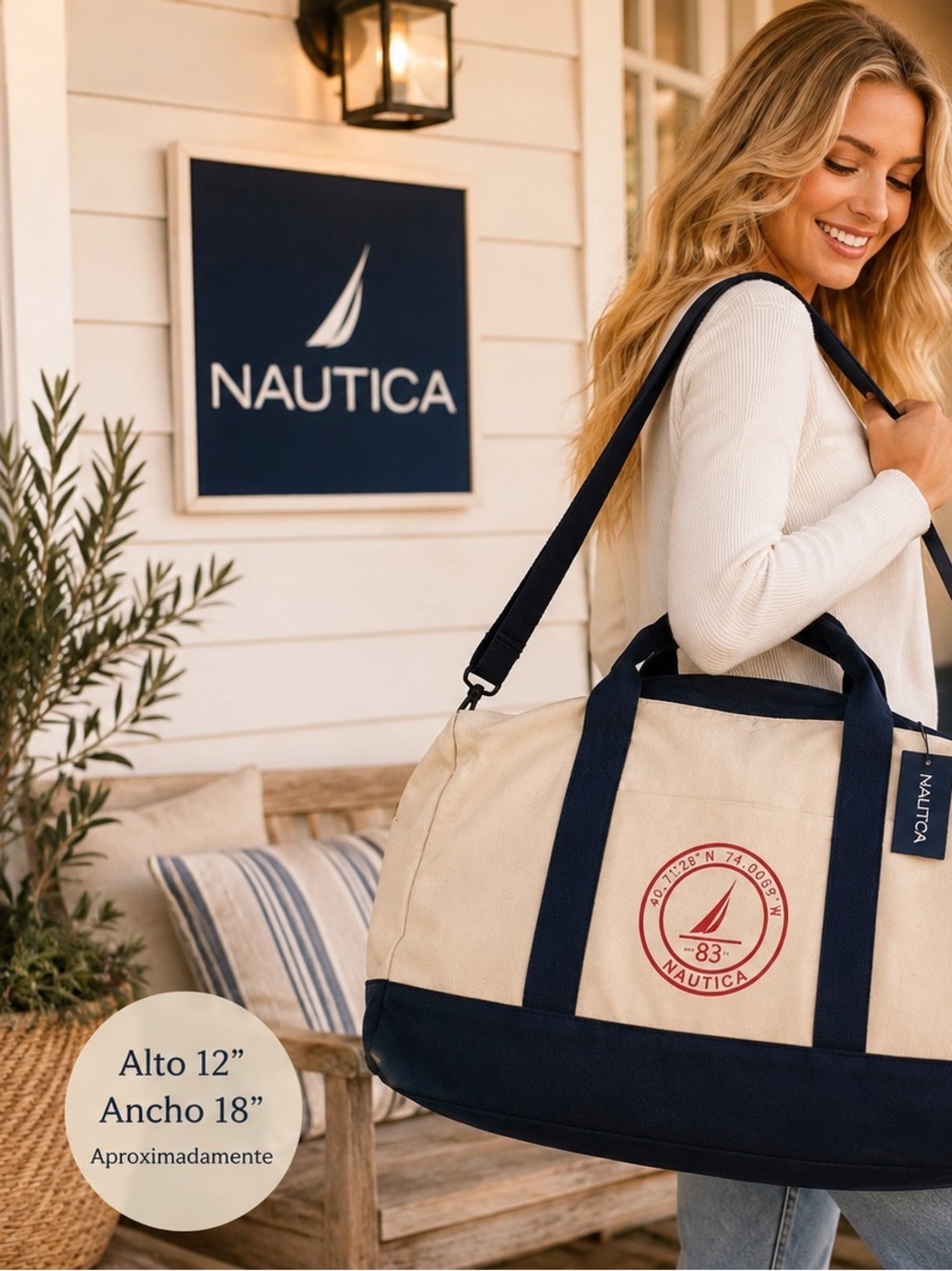 Nautica Overnighter Duffel Bag Natural Indigo Canvas NWT